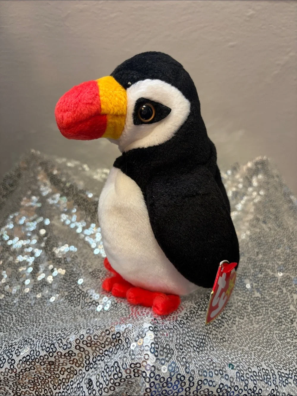 NWT Ty Puffer the Puffin Beanie Baby in Black, White, Red, Yellow